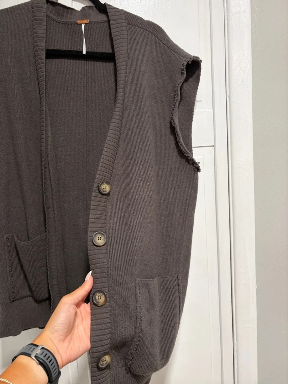 Free People Sleeveless Knit Cardigan in Charcoal Brown